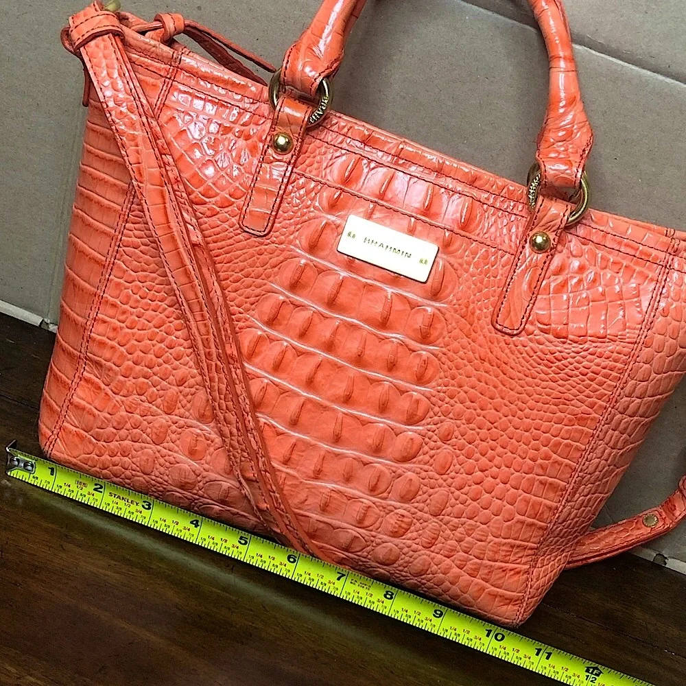 BRAHMIN Croc Embossed Leather Rolled Top Handle Tangerine Satchel Shoulder Bag